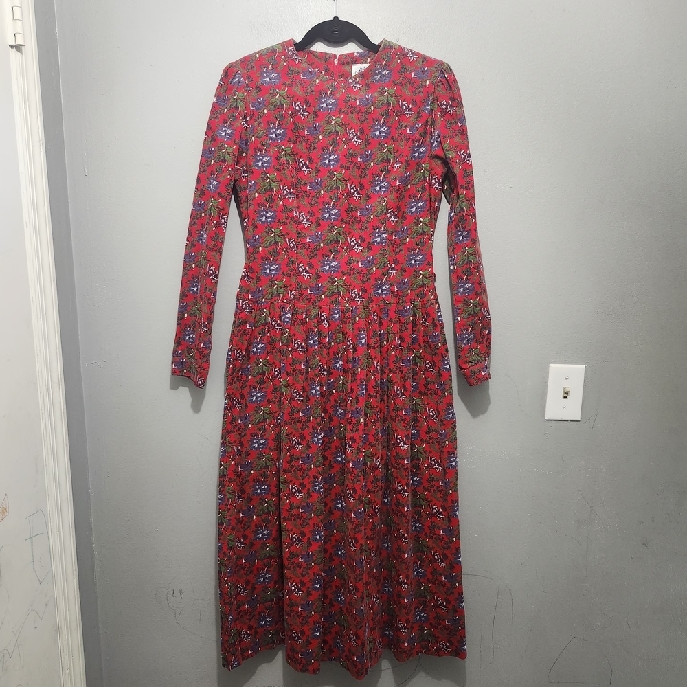 Lanz Originals Vintage Corduroy Vibrant Red Floral Long Sleeve Dress Size 8